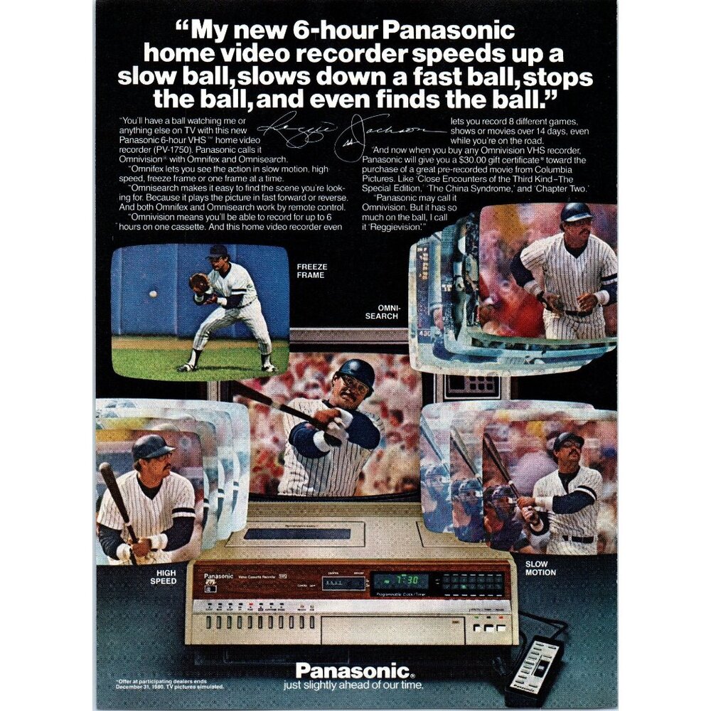 1980 Panasonic Omnivision VCR PV-1750 Vintage Print Ad Reggie Jackson Wall Art